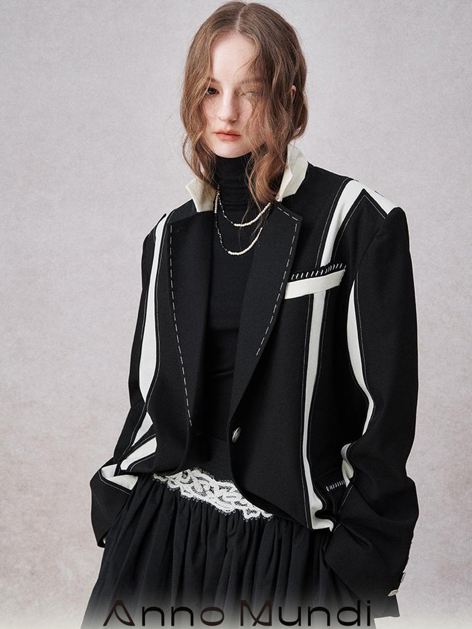 AnnoMundi Textured Contrast Blazer With Asymmetric Seaming