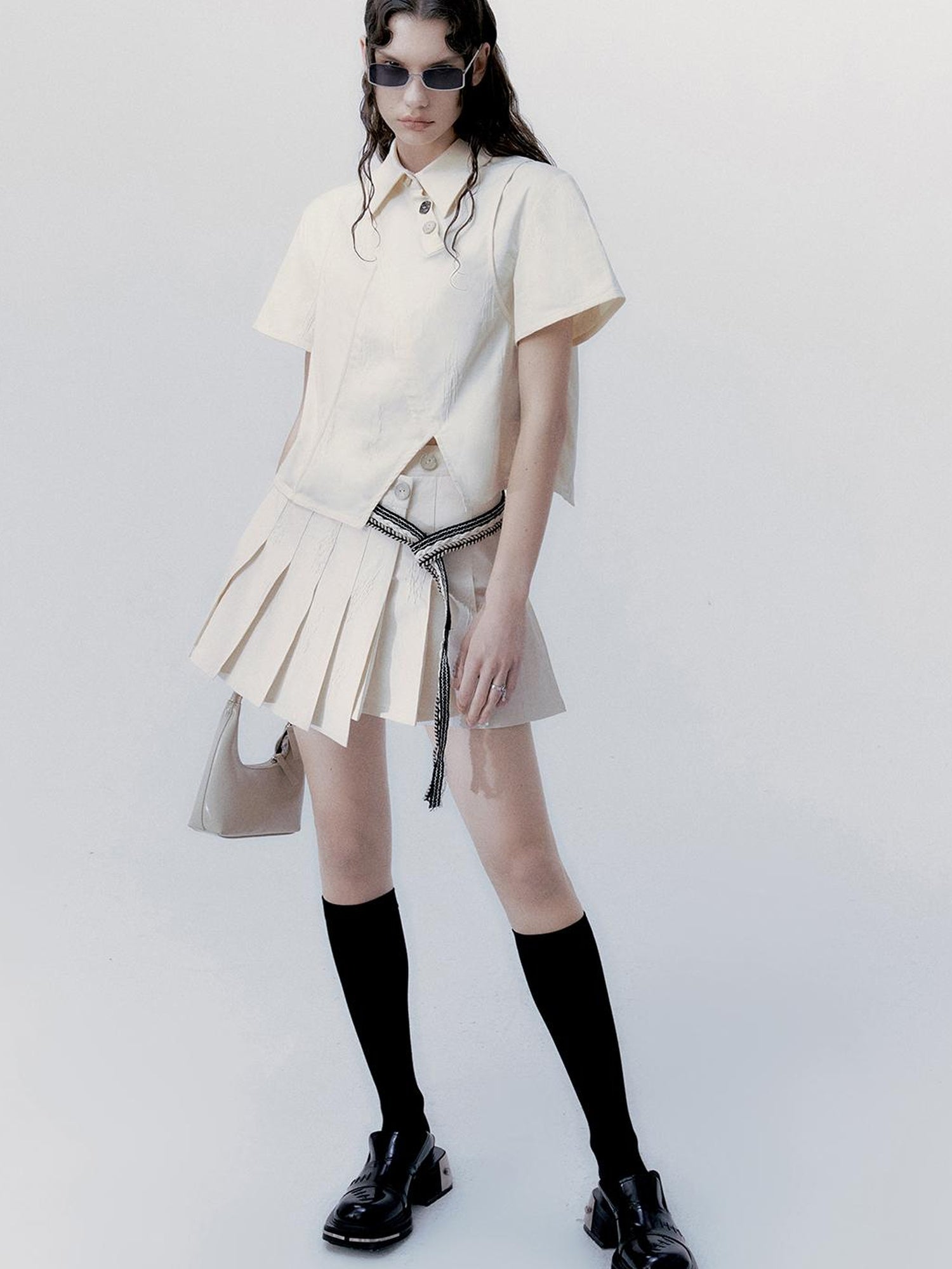AnnoMundi Textured Cotton Shirt And Pleated Skirt Set