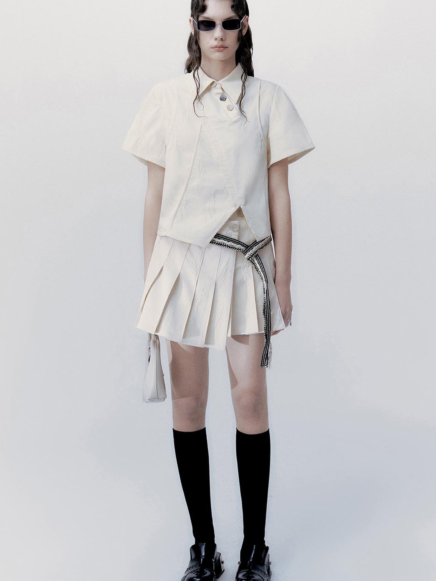 AnnoMundi Textured Cotton Shirt And Pleated Skirt Set