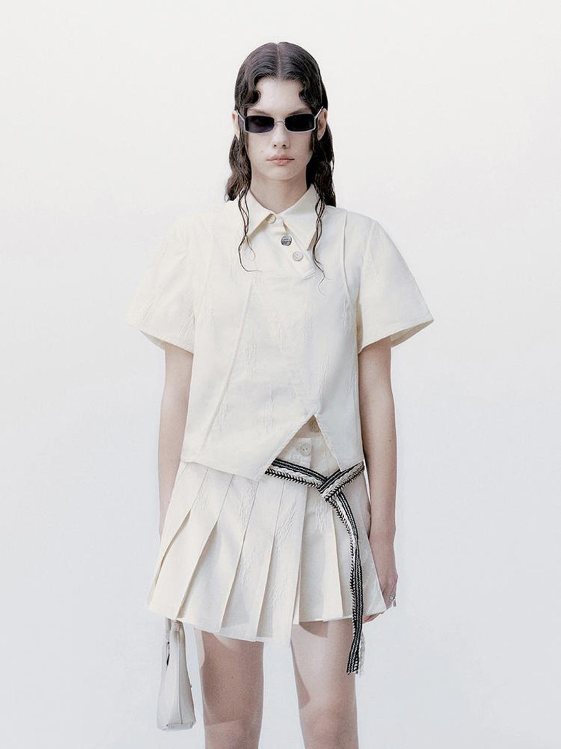 AnnoMundi Textured Cotton Shirt And Pleated Skirt Set