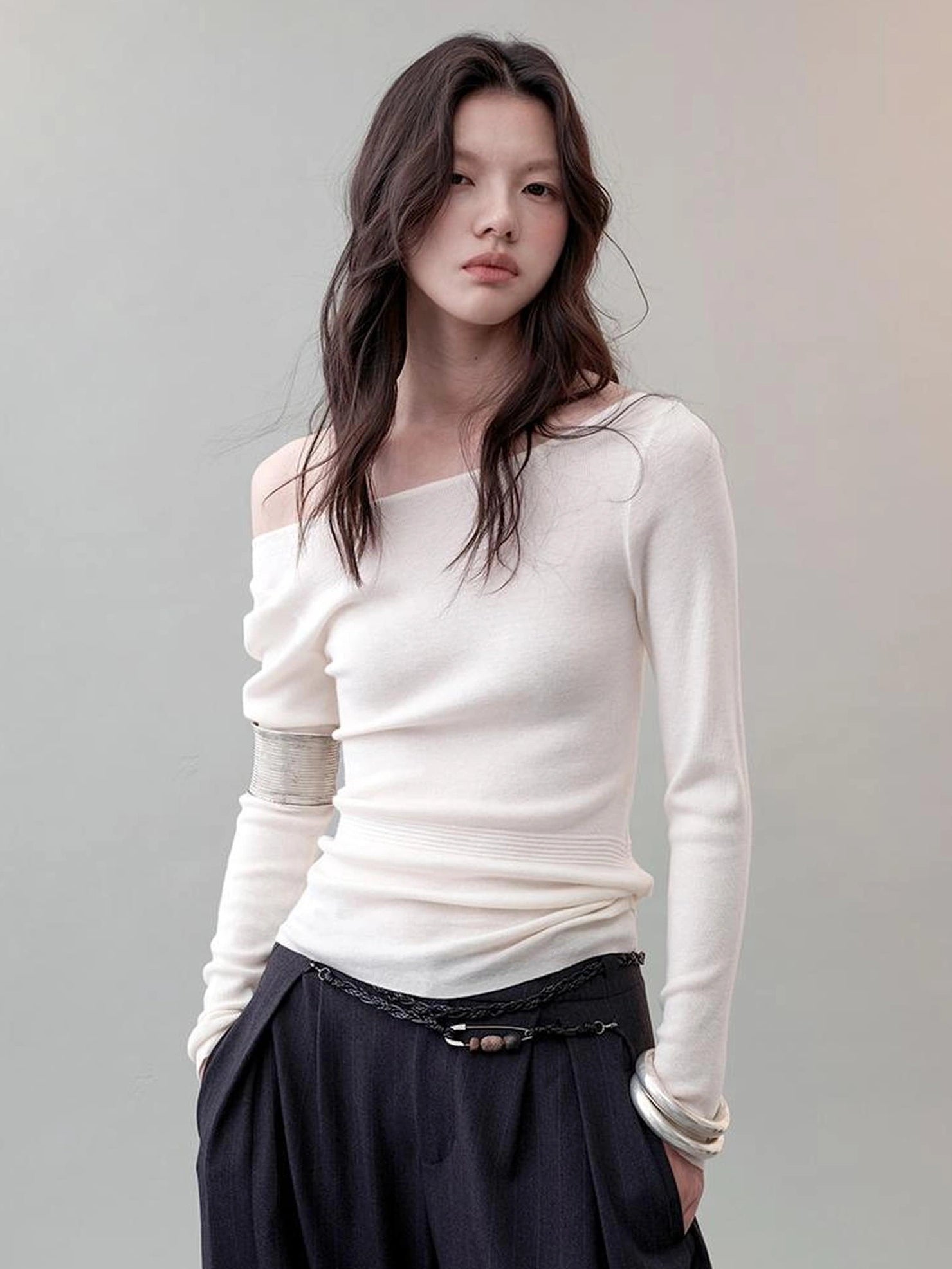 AnnoMundi Textured Knit Top In Black And White V-neck T-shirt Long Sleeve Cardigan