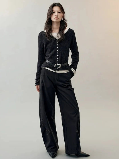 AnnoMundi Textured Knit Top In Black And White V-neck T-shirt Long Sleeve Cardigan