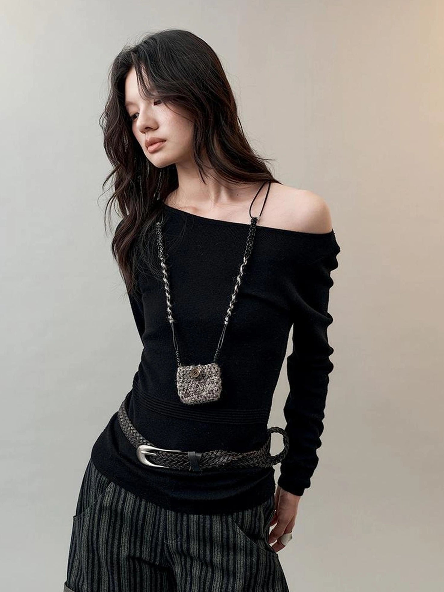 AnnoMundi Textured Knit Top In Black And White V-neck T-shirt Long Sleeve Cardigan