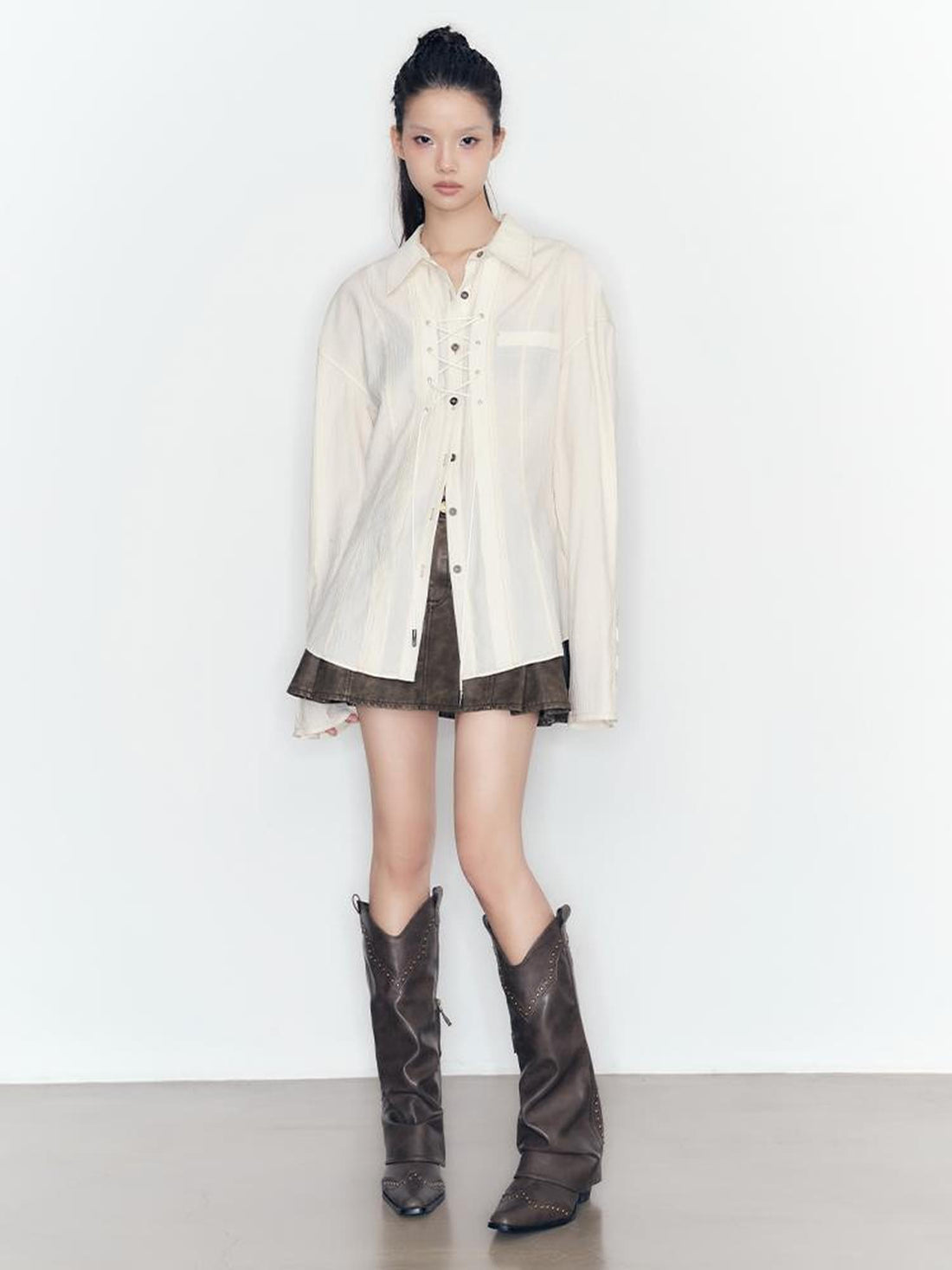 AnnoMundi Textured Pleat Tied Waist Shirt Top