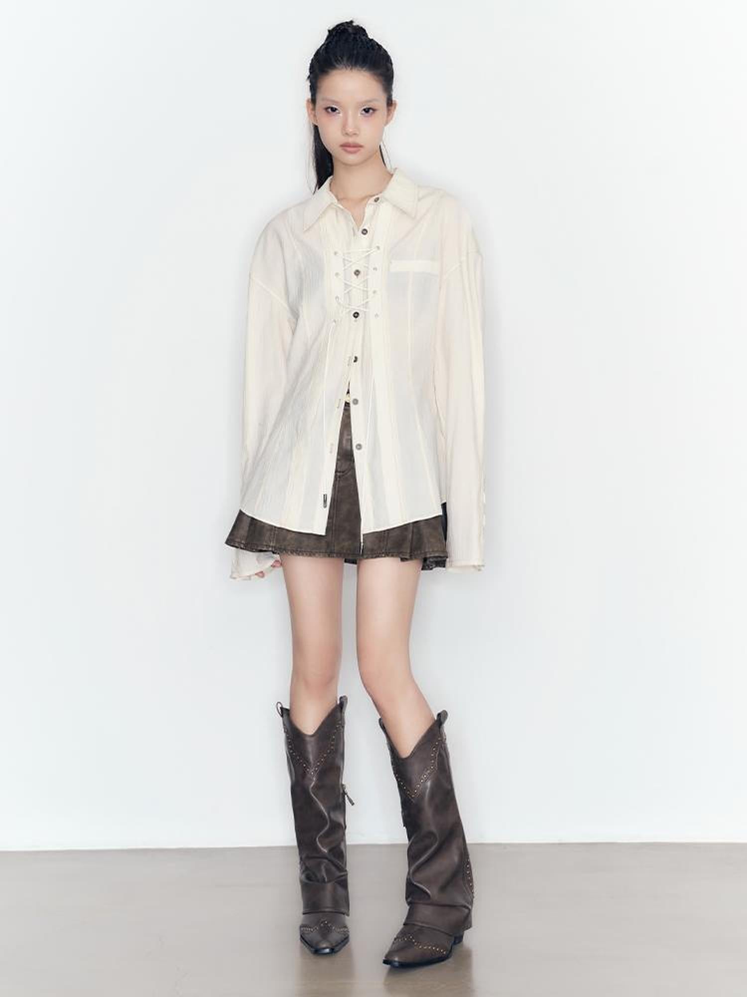 AnnoMundi Textured Pleat Tied Waist Shirt Top