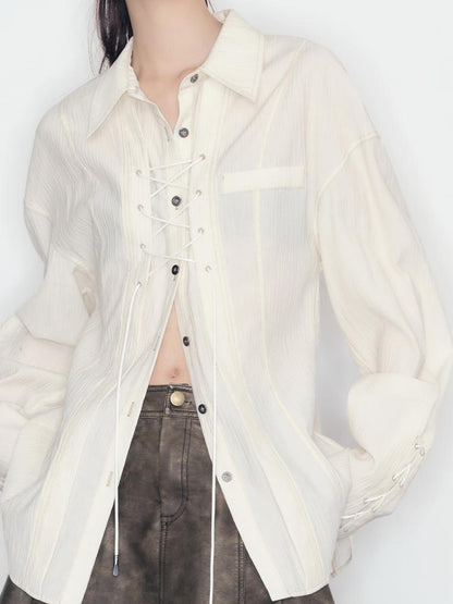 AnnoMundi Textured Pleat Tied Waist Shirt Top