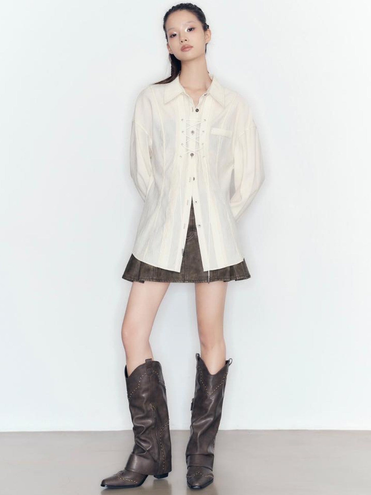 AnnoMundi Textured Pleat Tied Waist Shirt Top