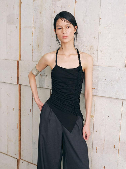 AnnoMundi Textured Pleated Ruched Side Tie Halter Women&