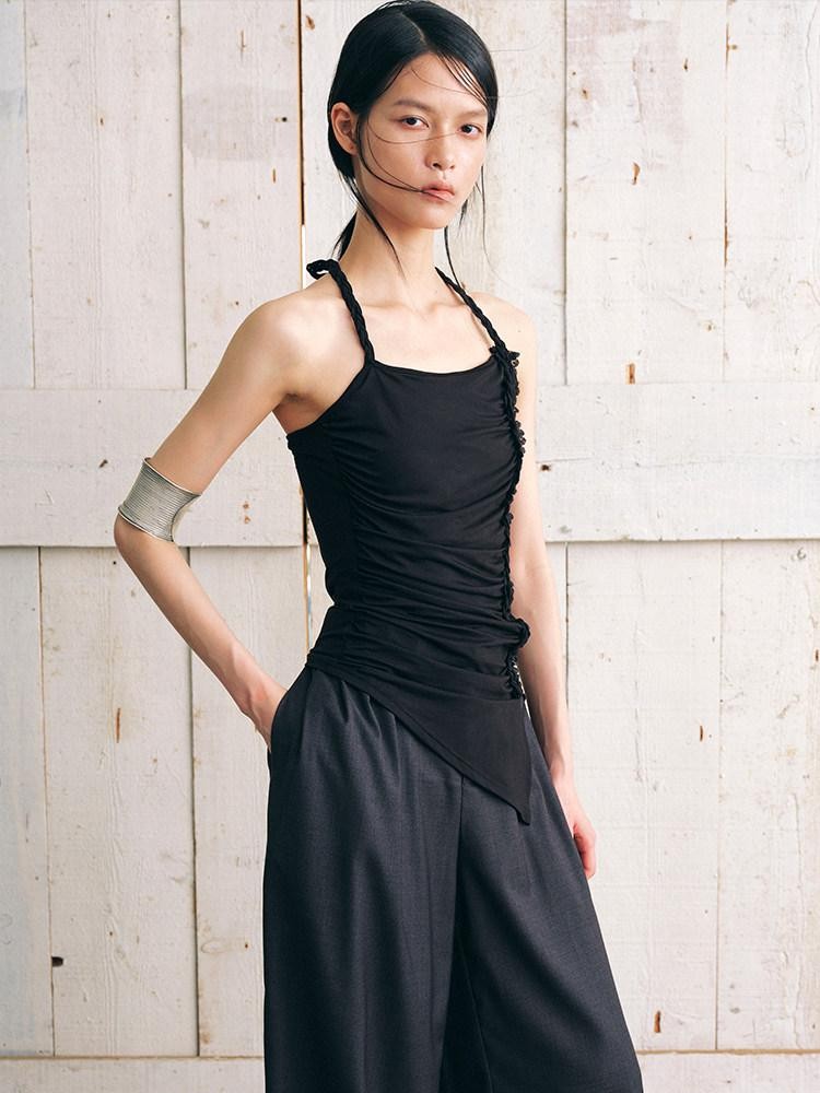 AnnoMundi Textured Pleated Ruched Side Tie Halter Women&