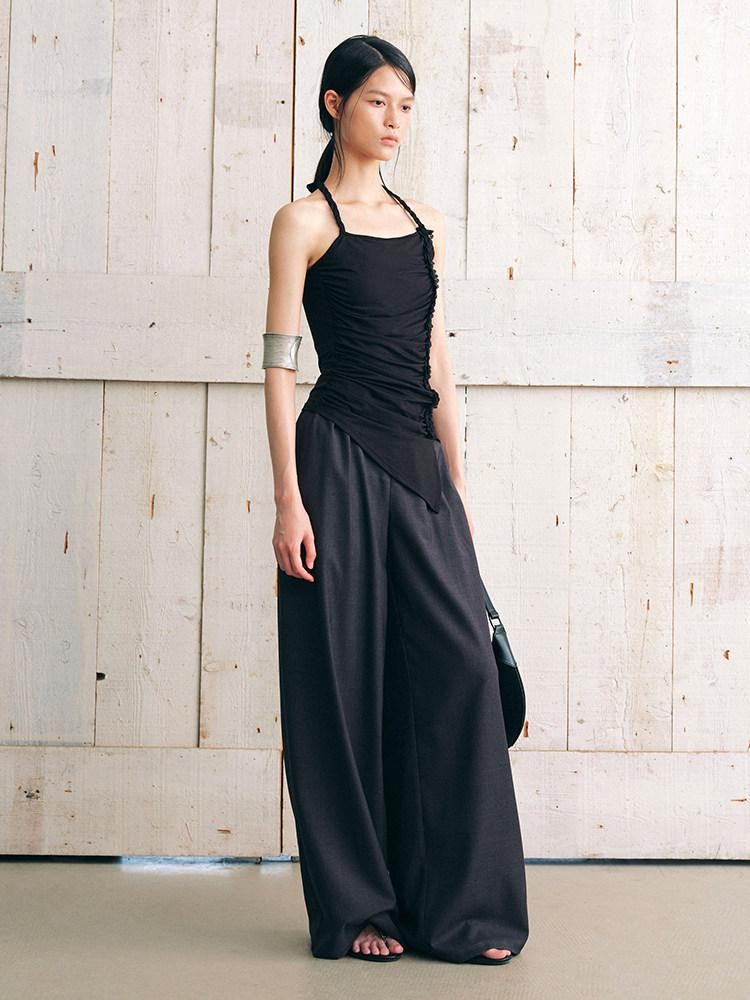 AnnoMundi Textured Pleated Ruched Side Tie Halter Women&