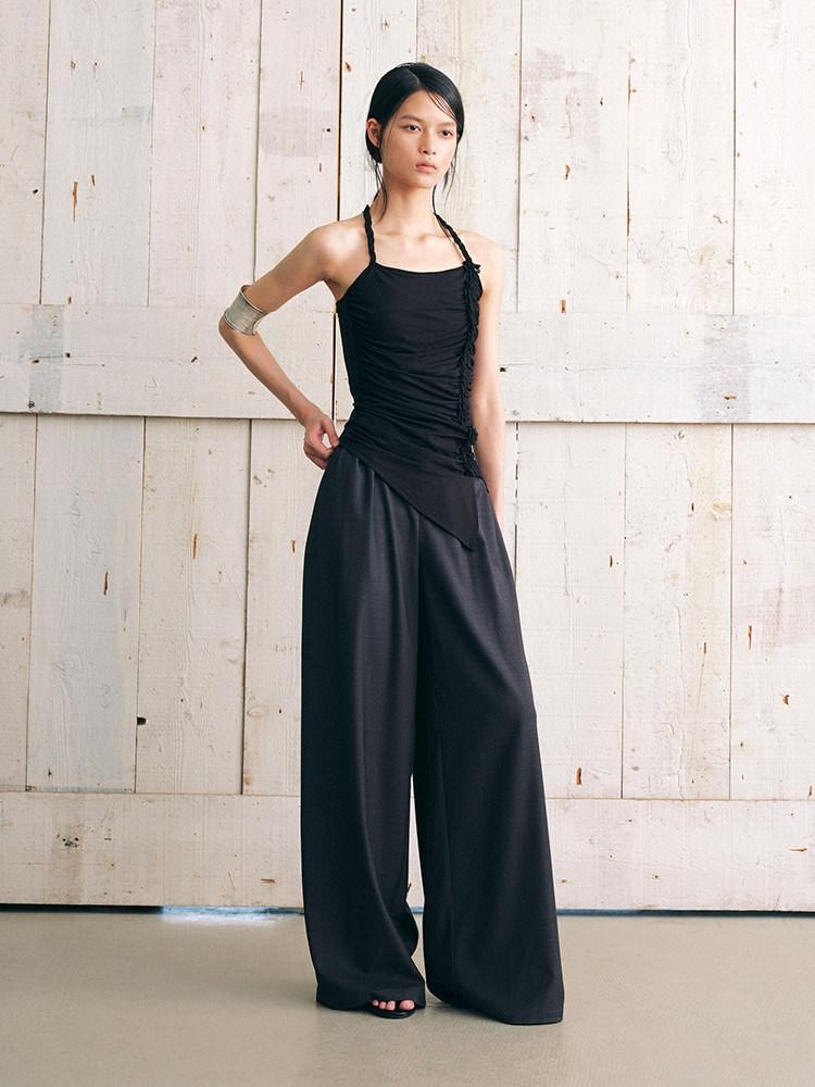 AnnoMundi Textured Pleated Ruched Side Tie Halter Women&