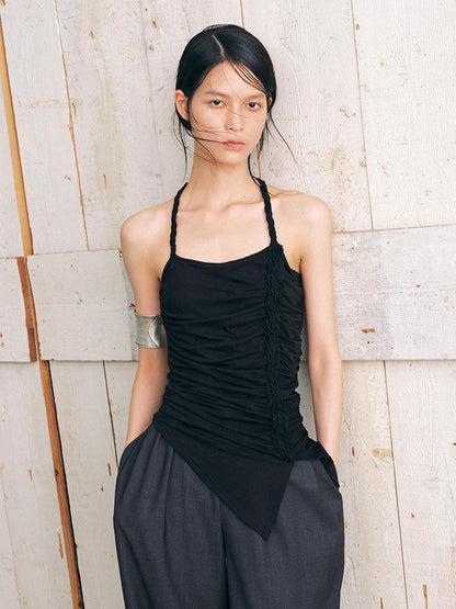 AnnoMundi Textured Pleated Ruched Side Tie Halter Women&