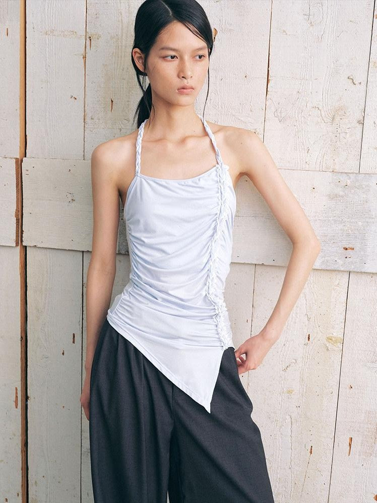 AnnoMundi Textured Pleated Ruched Side Tie Halter Women&