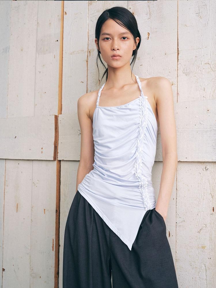 AnnoMundi Textured Pleated Ruched Side Tie Halter Women&