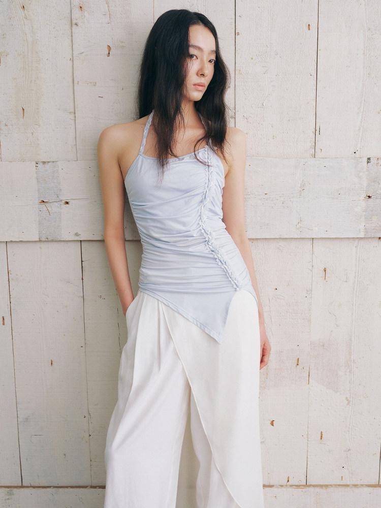 AnnoMundi Textured Pleated Ruched Side Tie Halter Women&