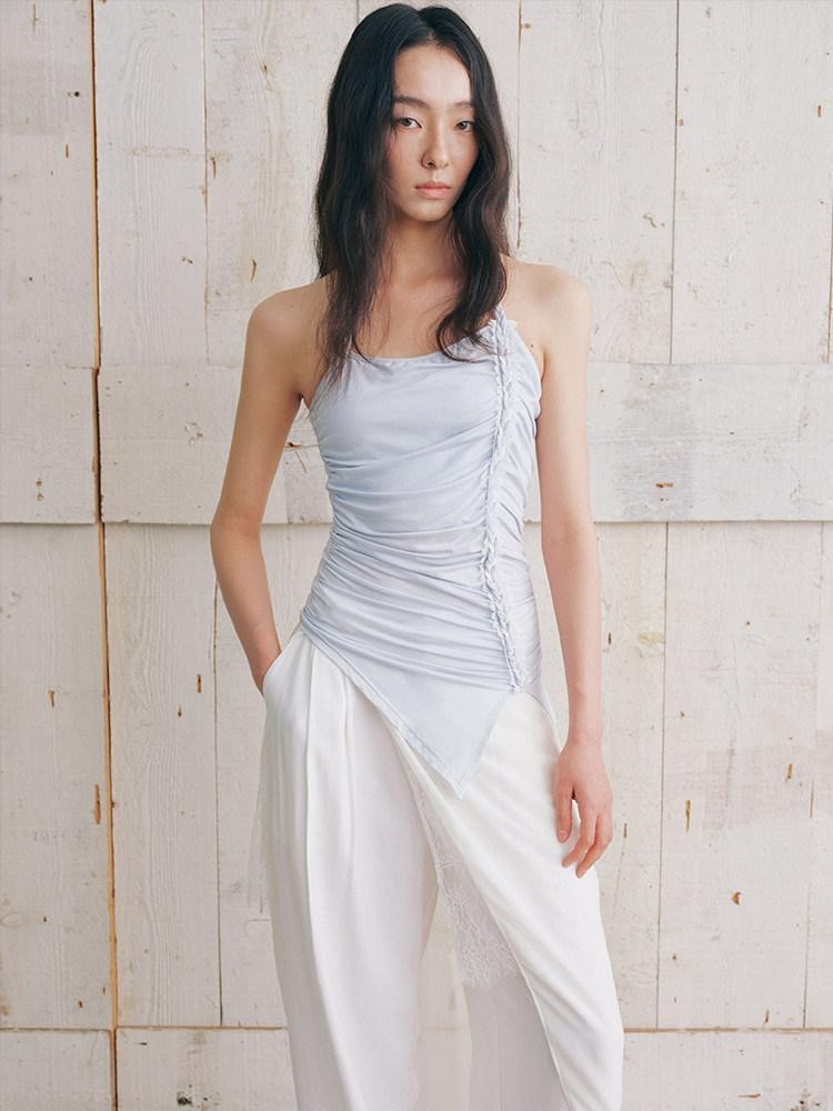 AnnoMundi Textured Pleated Ruched Side Tie Halter Women&