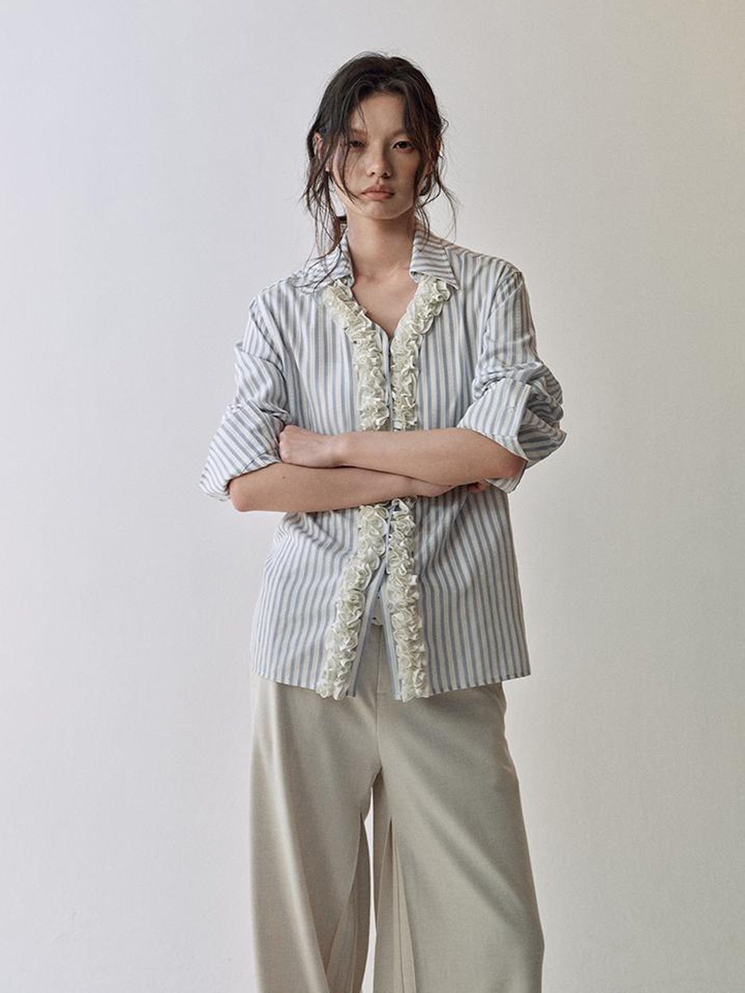 AnnoMundi Textured Stripe Shirt With 3D Lace Placket