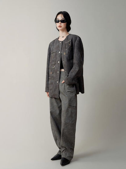 AnnoMundi Textured Tweed Oversized Blazer With Metallic Accents