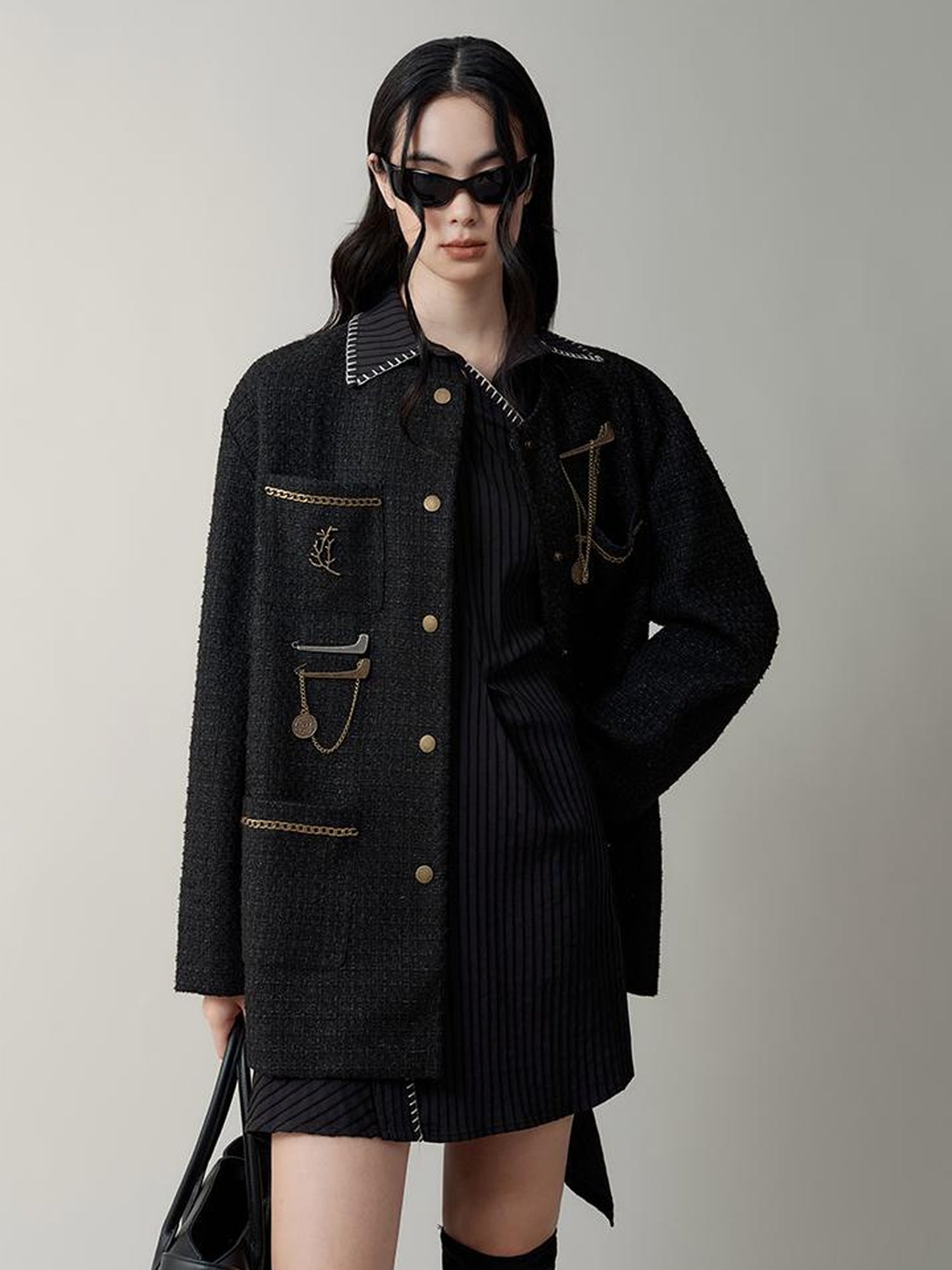 AnnoMundi Textured Tweed Oversized Blazer With Metallic Accents