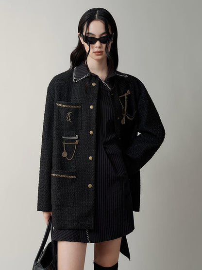 AnnoMundi Textured Tweed Oversized Blazer With Metallic Accents