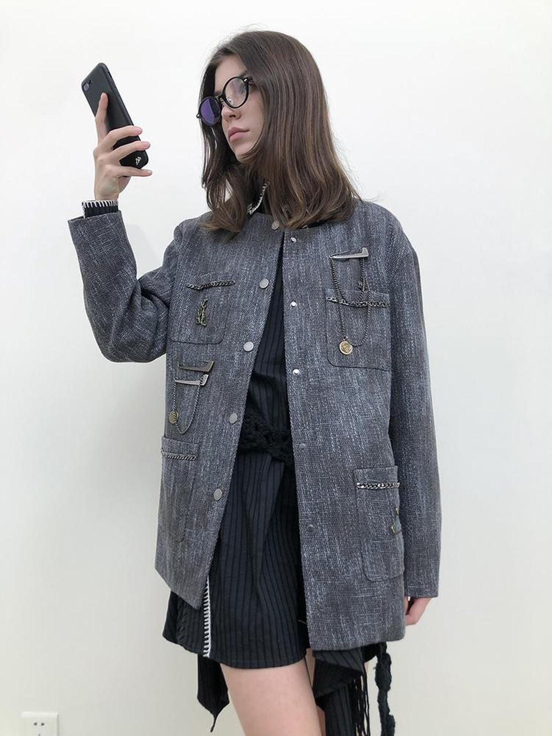 AnnoMundi Textured Tweed Oversized Blazer With Metallic Accents