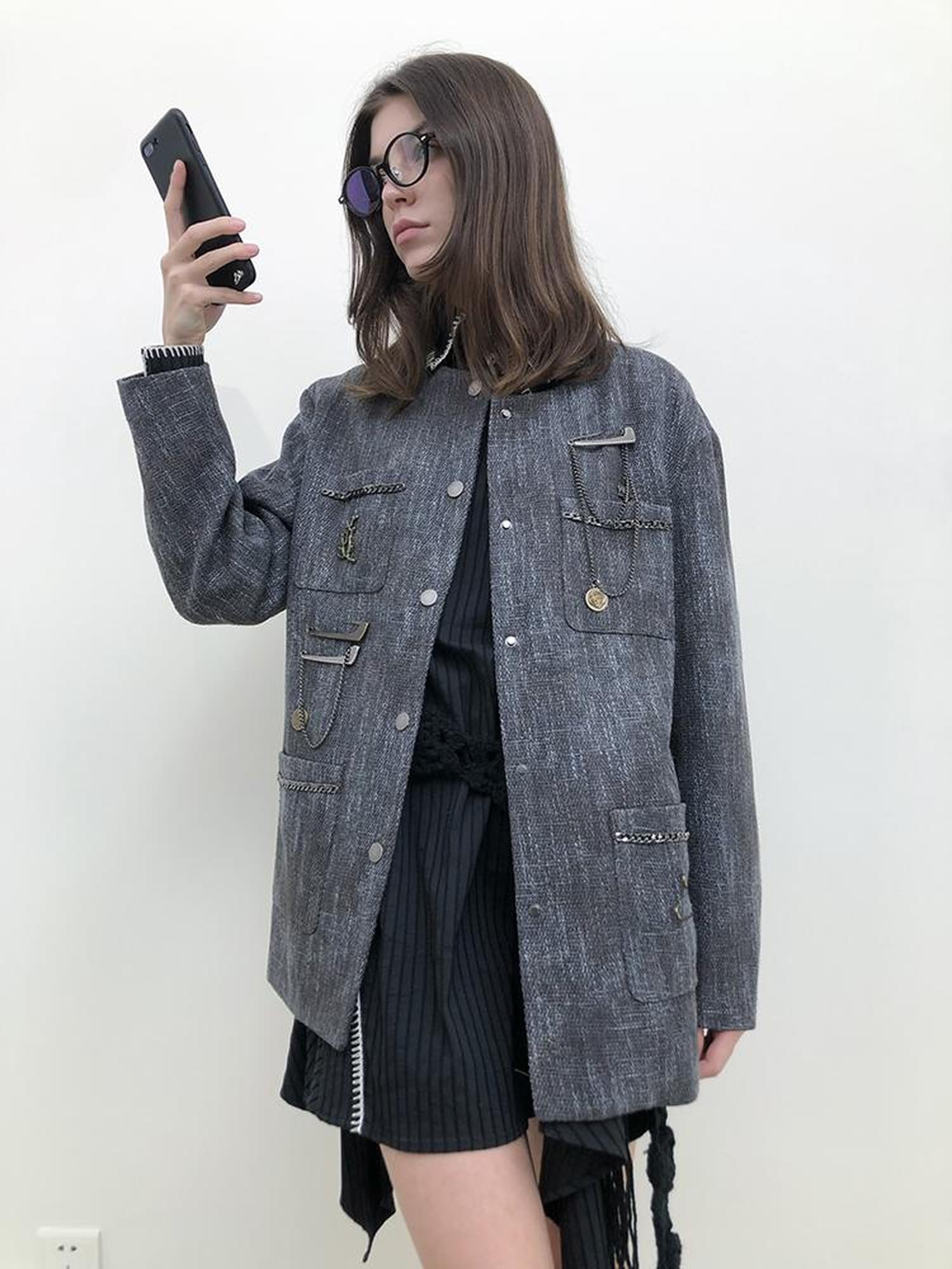 AnnoMundi Textured Tweed Oversized Blazer With Metallic Accents