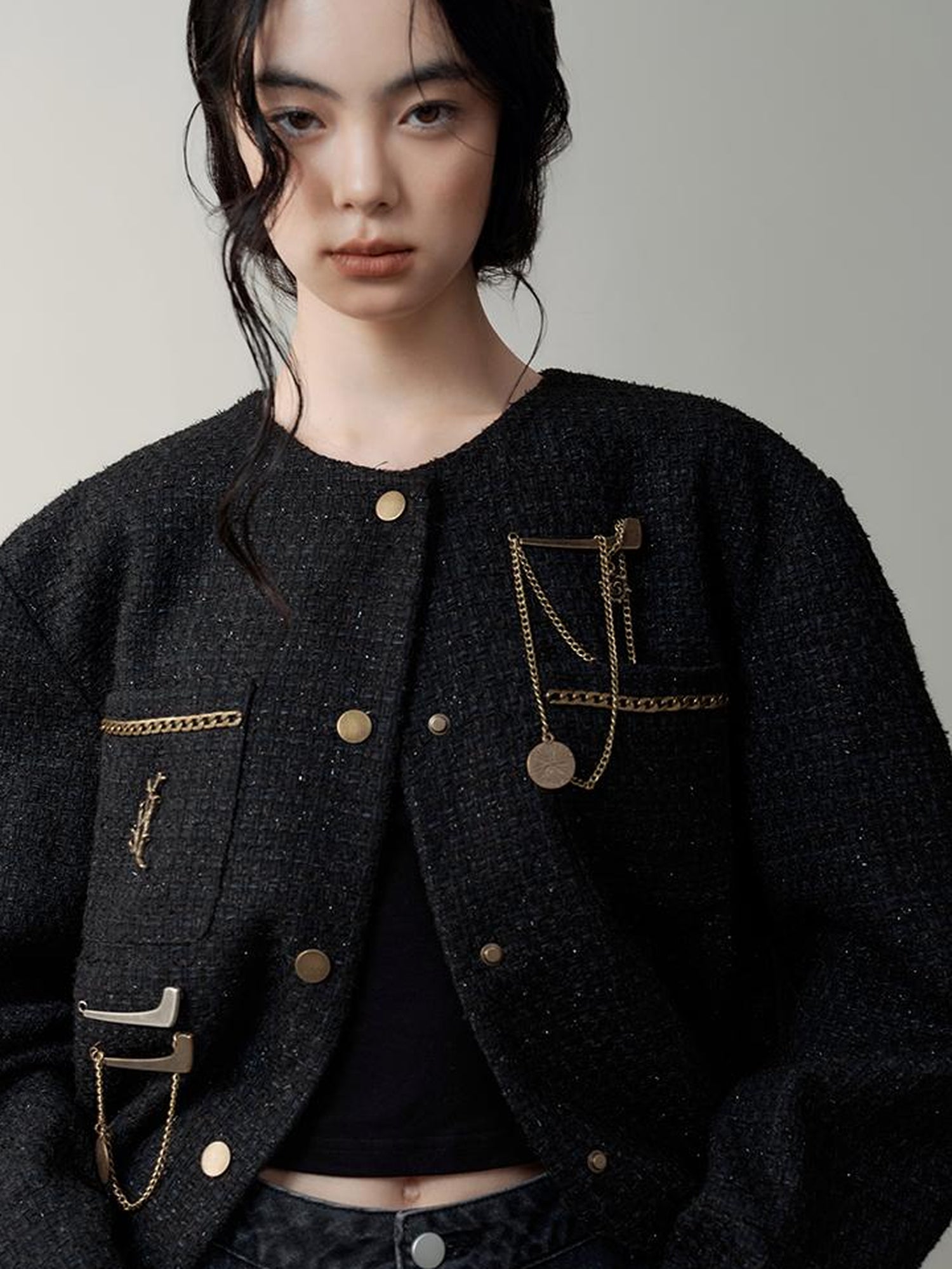 AnnoMundi Textured Tweed Oversized Blazer With Metallic Accents