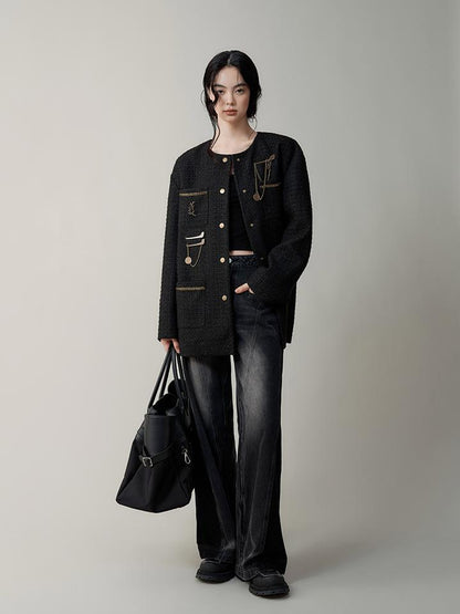 AnnoMundi Textured Tweed Oversized Blazer With Metallic Accents