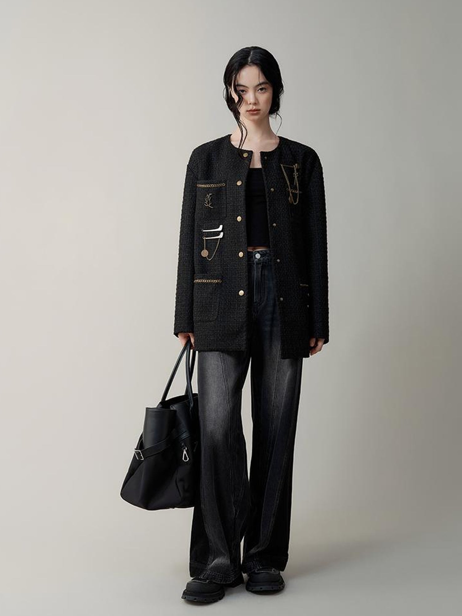 AnnoMundi Textured Tweed Oversized Blazer With Metallic Accents