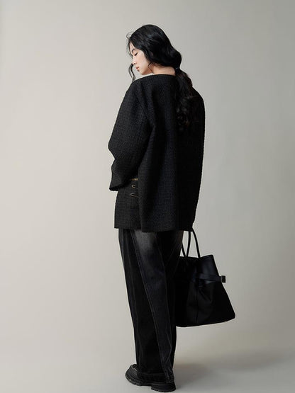 AnnoMundi Textured Tweed Oversized Blazer With Metallic Accents