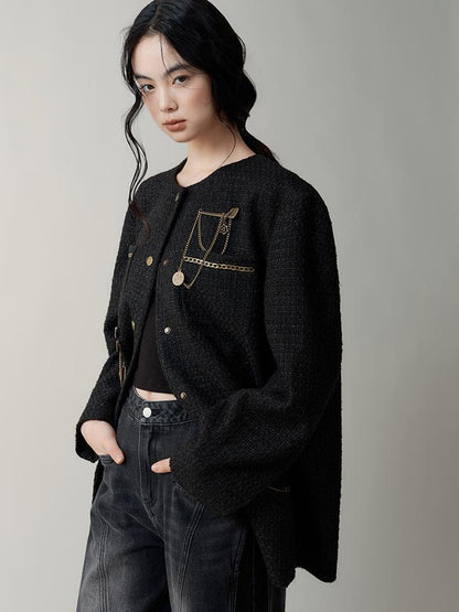 AnnoMundi Textured Tweed Oversized Blazer With Metallic Accents