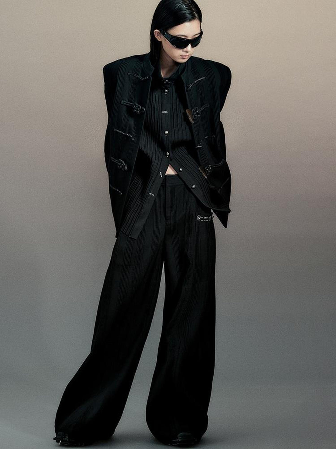 AnnoMundi Textured Willow Leaf Fold Jacket V Neck T Shirt Long Sleeve