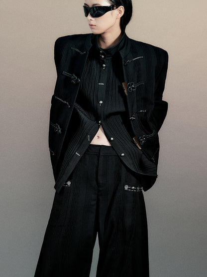 AnnoMundi Textured Willow Leaf Fold Jacket V Neck T Shirt Long Sleeve