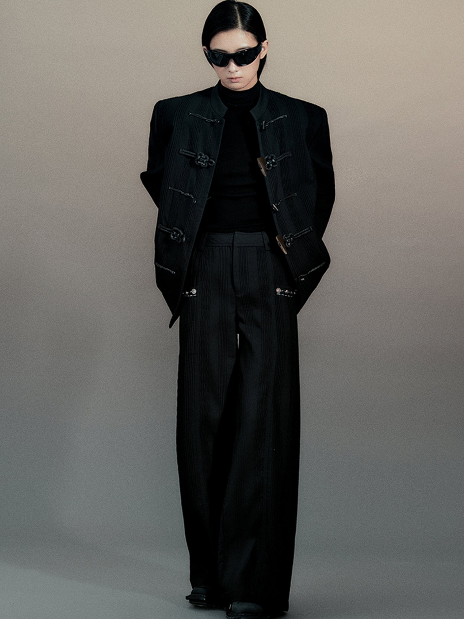 AnnoMundi Textured Willow Leaf Fold Jacket V Neck T Shirt Long Sleeve