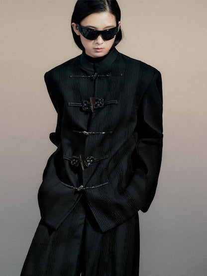 AnnoMundi Textured Willow Leaf Fold Jacket V Neck T Shirt Long Sleeve