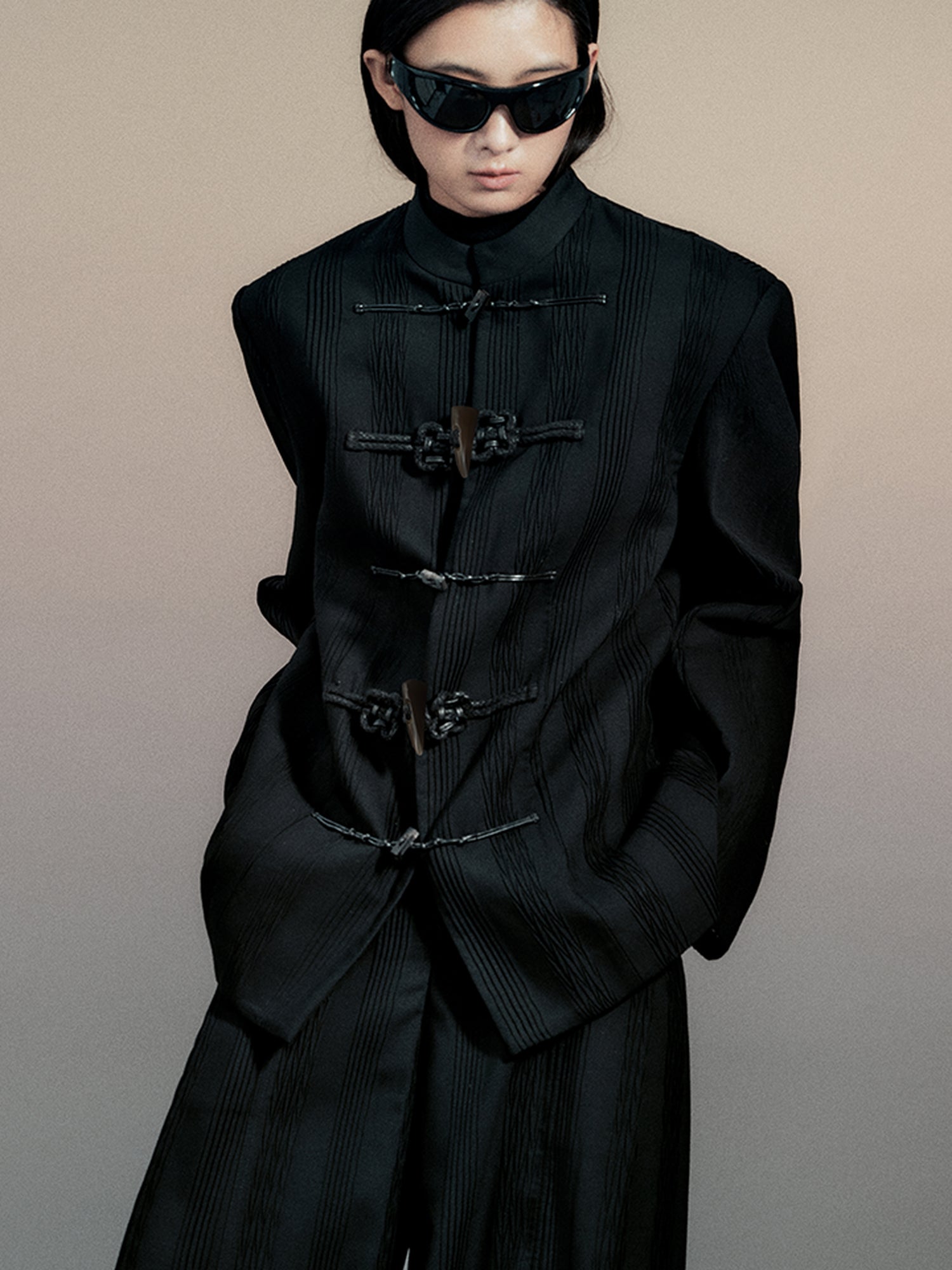 AnnoMundi Textured Willow Leaf Fold Jacket V Neck T Shirt Long Sleeve