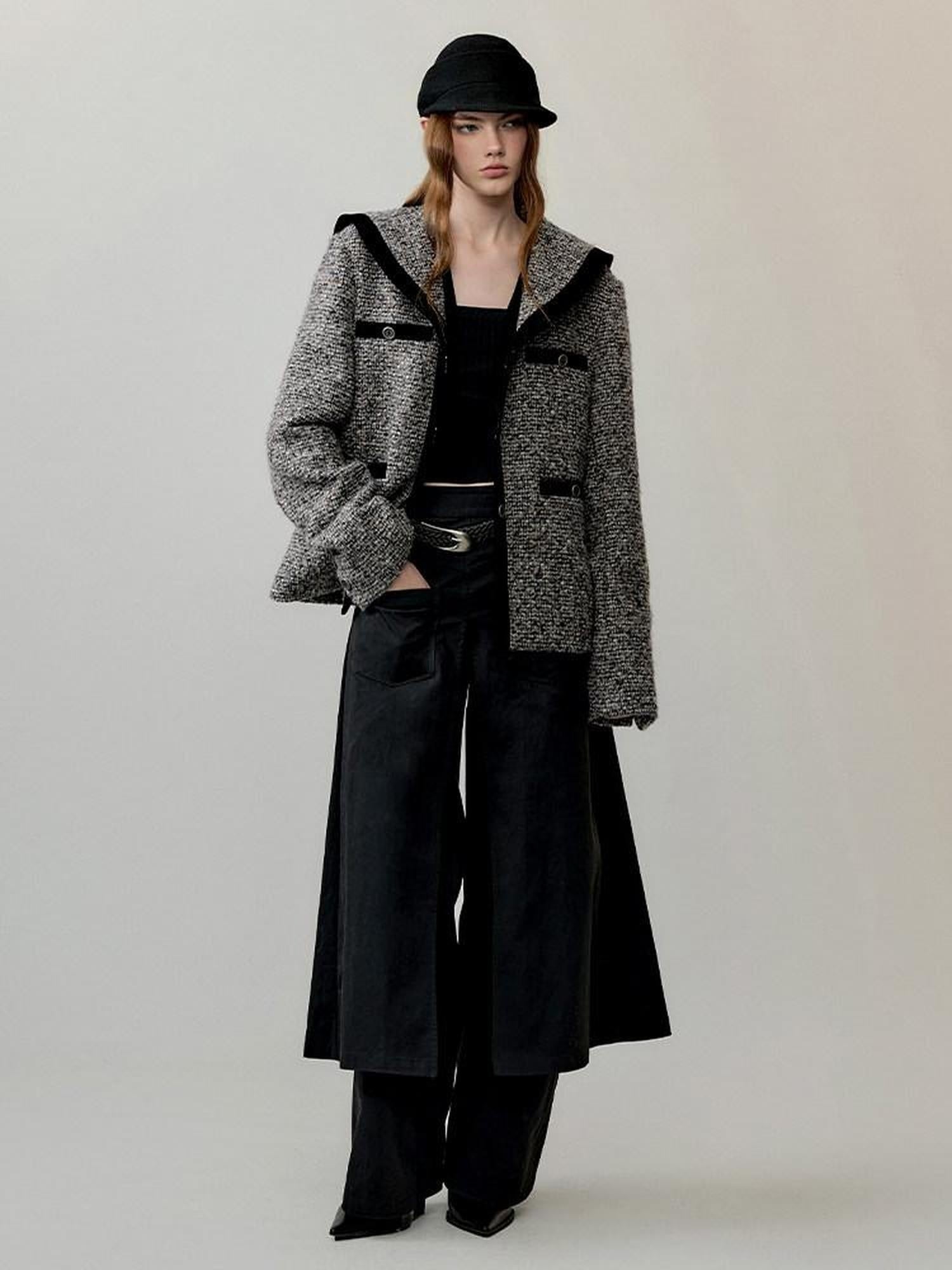 AnnoMundi Thick Wool Blend Relaxed Commuter Sailor Collar Mid Length Gray For Women Jacket
