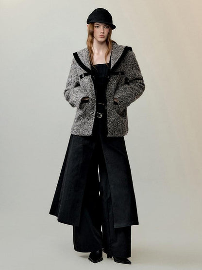 AnnoMundi Thick Wool Blend Relaxed Commuter Sailor Collar Mid Length Gray For Women Jacket