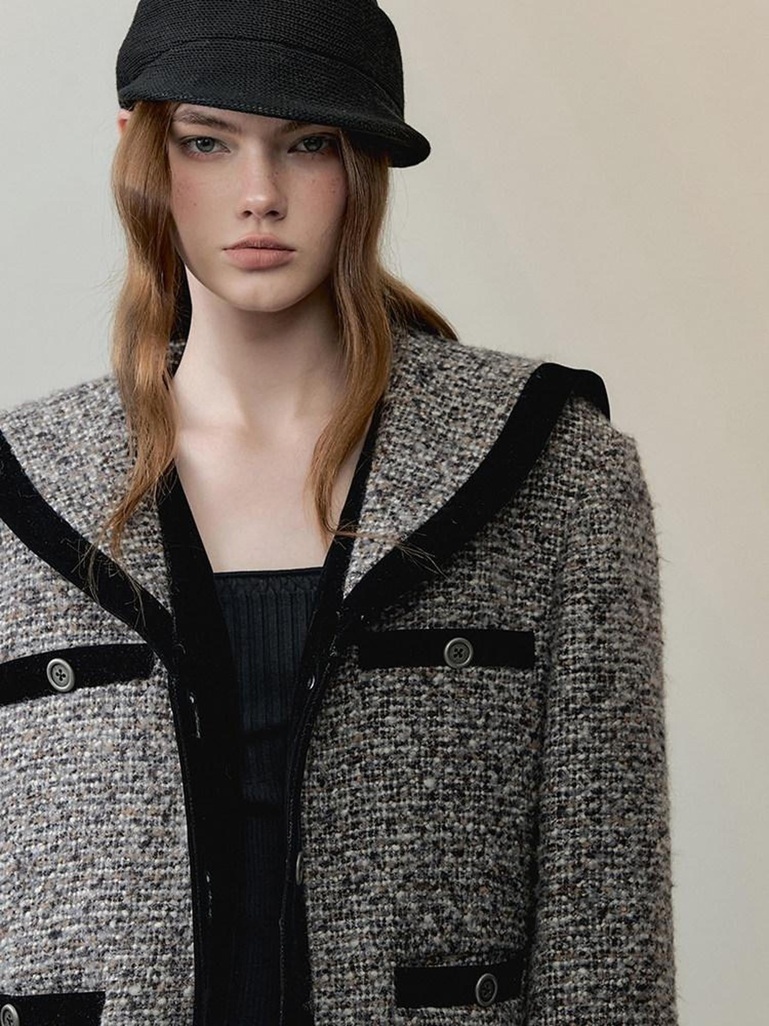 AnnoMundi Thick Wool Blend Relaxed Commuter Sailor Collar Mid Length Gray For Women Jacket