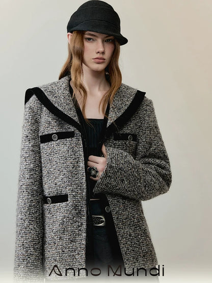 AnnoMundi Thick Wool Blend Relaxed Commuter Sailor Collar Mid Length Gray For Women Jacket