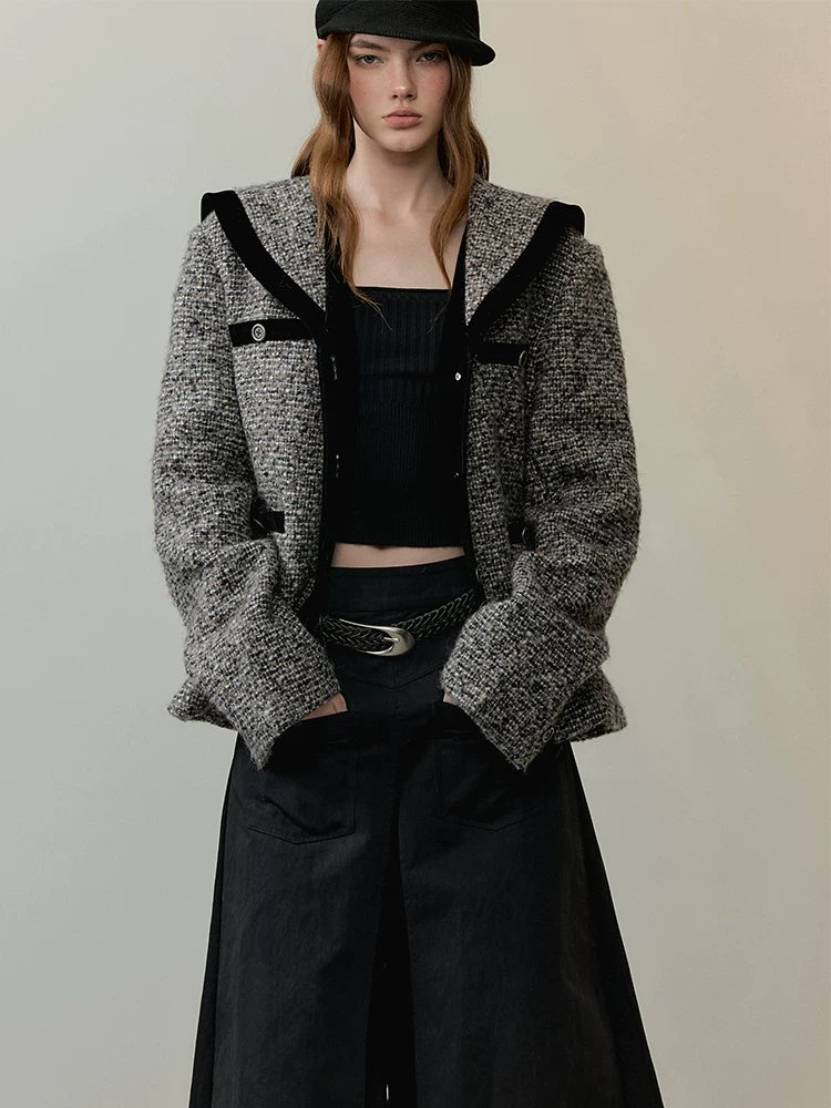 AnnoMundi Thick Wool Blend Relaxed Commuter Sailor Collar Mid Length Gray For Women Jacket