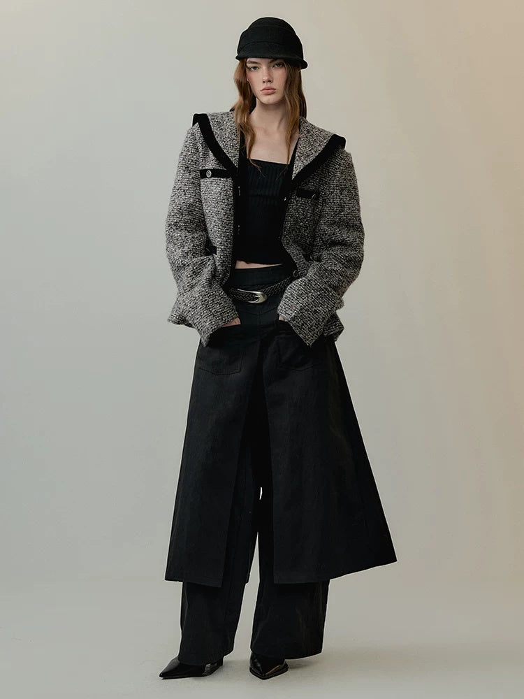 AnnoMundi Thick Wool Blend Relaxed Commuter Sailor Collar Mid Length Gray For Women Jacket