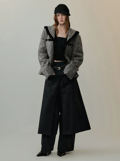 AnnoMundi Thick Wool Blend Relaxed Commuter Sailor Collar Mid Length Gray For Women Jacket