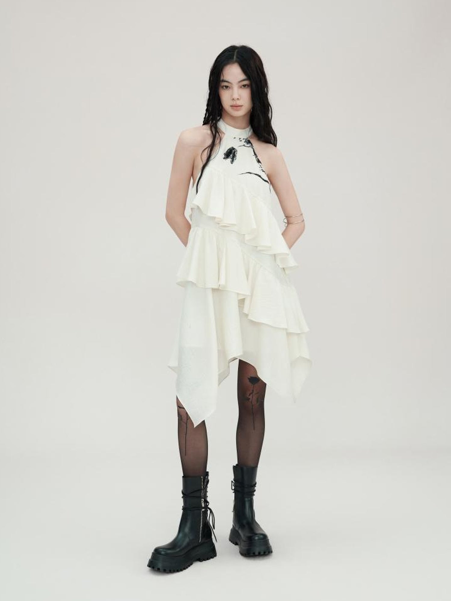 AnnoMundi Tulip Embroidered Wave Layered Halter Dress