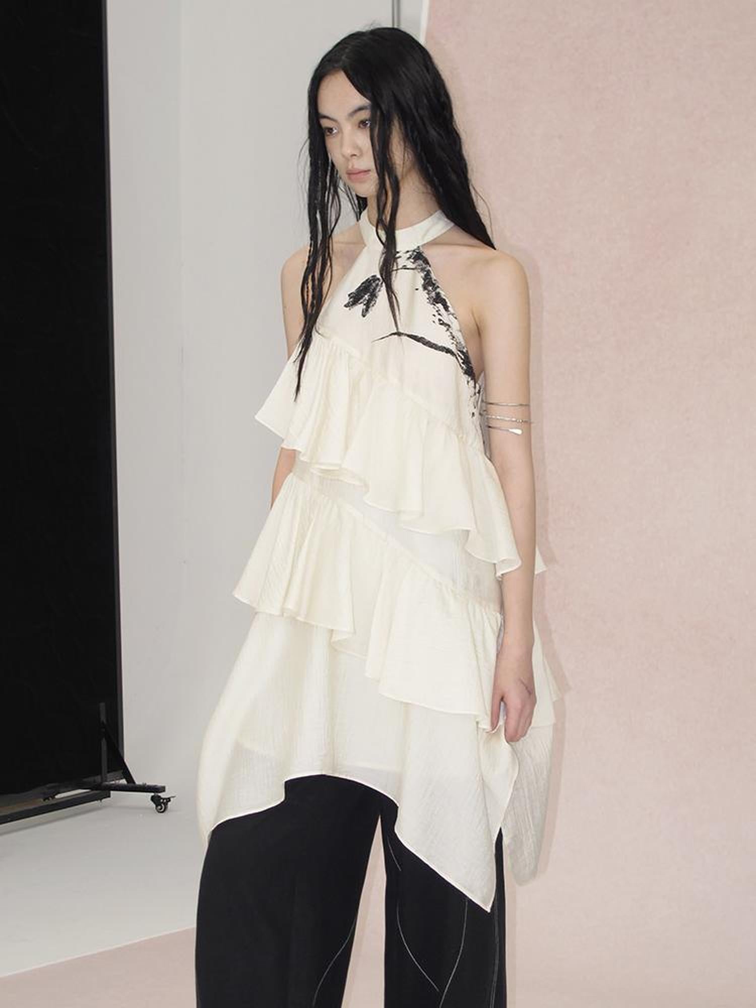 AnnoMundi Tulip Embroidered Wave Layered Halter Dress