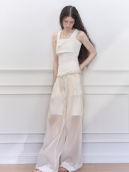 AnnoMundi Two Layer Lace Trimmed Knit Vest Summer Sleeveless Camisole Top