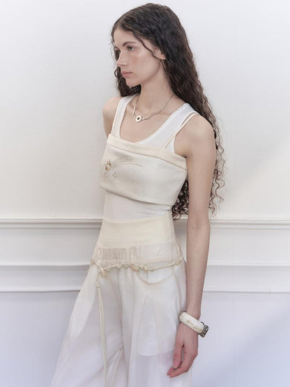 AnnoMundi Two Layer Lace Trimmed Knit Vest Summer Sleeveless Camisole Top