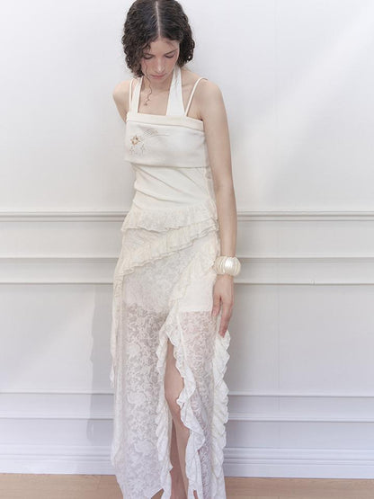 AnnoMundi Two Layer Lace Trimmed Knit Vest Summer Sleeveless Camisole Top