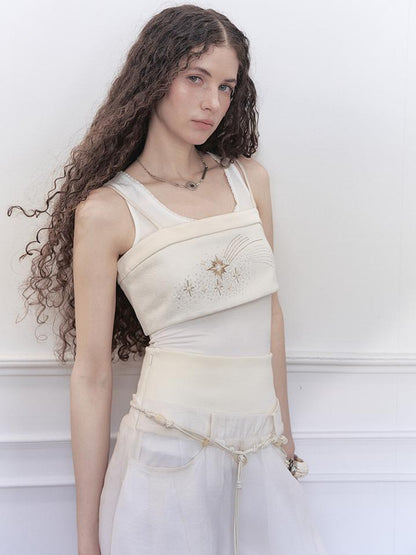 AnnoMundi Two Layer Lace Trimmed Knit Vest Summer Sleeveless Camisole Top