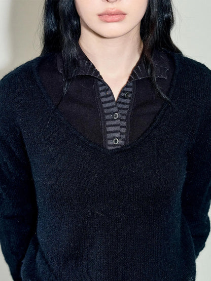 Two Piece Mohair Overshirt Contrast High Neck Knit Set
